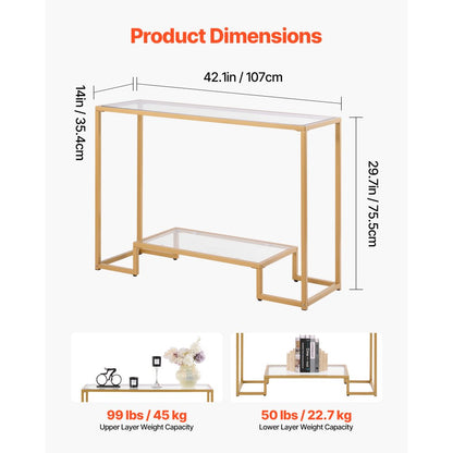 VEVOR 2-Tier Glass Console Table Rectangle Sofa Side Table with Anti-Tip Golden