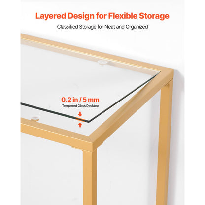 VEVOR 2-Tier Glass Console Table Rectangle Sofa Side Table with Anti-Tip Golden