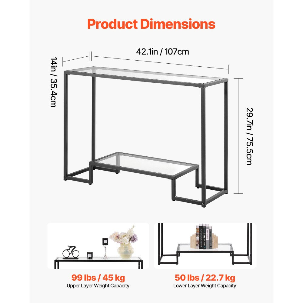 VEVOR 2-Tier Glass Console Table Rectangle Sofa Side Table with Anti-Tip Black