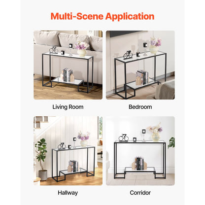 VEVOR 2-Tier Glass Console Table Rectangle Sofa Side Table with Anti-Tip Black