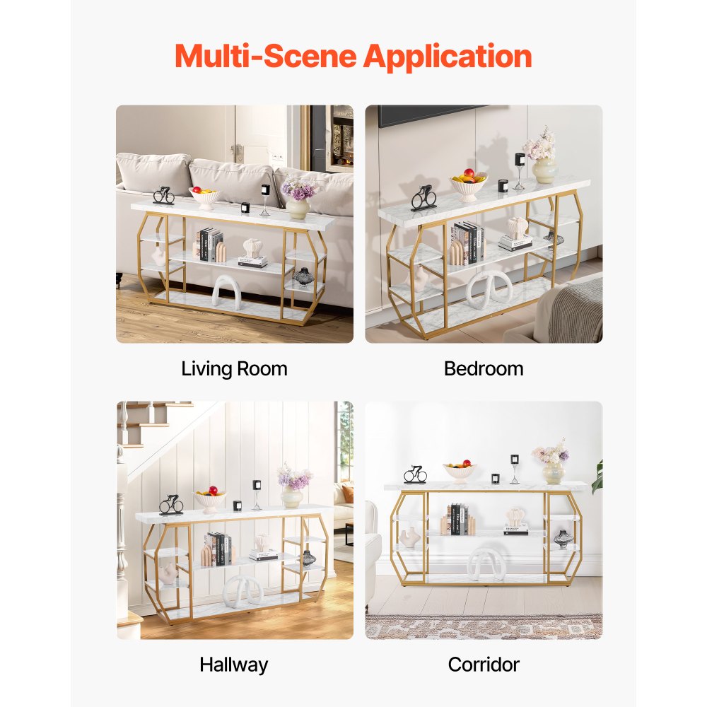 3 Tiers Marble Console Table Modern Golden Geometric Large Console Table