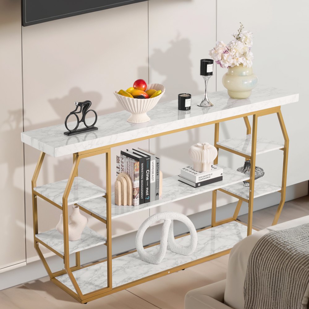 3 Tiers Marble Console Table Modern Golden Geometric Large Console Table