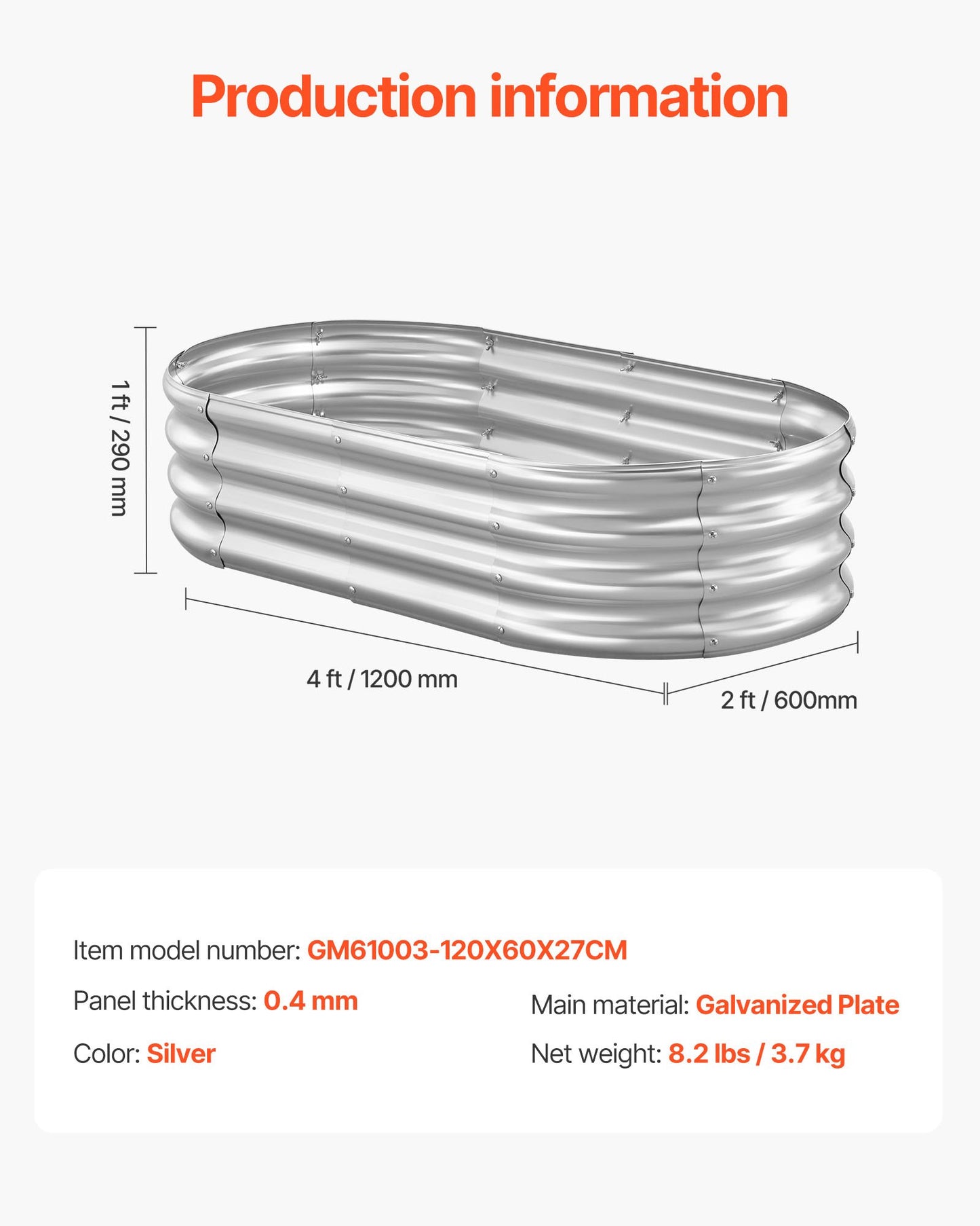 Metal Raised Garden Bed, 1.2 x 0.6 x 0.3 m Oval Outdoor Galvanized Planter Garden Box, Open Bottom Design, Large Planter Raised Bed for Growing Vegetables, Flowers, Succulents, Galvanized Color