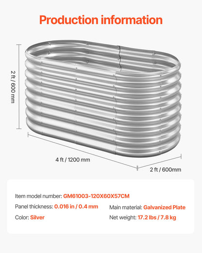 Metal Raised Garden Bed, 1.2 x 0.6 x 0.6 m Oval Outdoor Galvanized Planter Garden Box, Open Bottom Design, Large Planter Raised Bed for Growing Vegetables, Flowers, Succulents, Galvanized Color