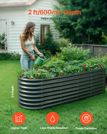 Metal Raised Garden Bed, 2.4 x 0.6 x 0.6 m Oval Outdoor Galvanized Planter Garden Box, Open Bottom Design, Large Planter Raised Bed for Growing Vegetables, Flowers, Herbs, Succulents, Dark Gray