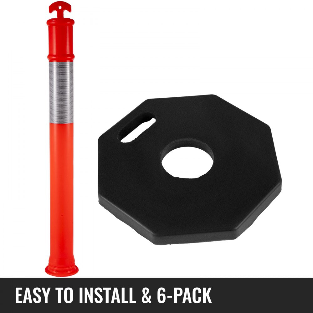 VEVOR 6Pack Traffic Delineator Posts 44 Inch Height, PE Delineator Cones Post Kit 10 inch Reflective Band, Delineators Post with Rubber Base 16 inch for Construction Sites, Facility Management etc.