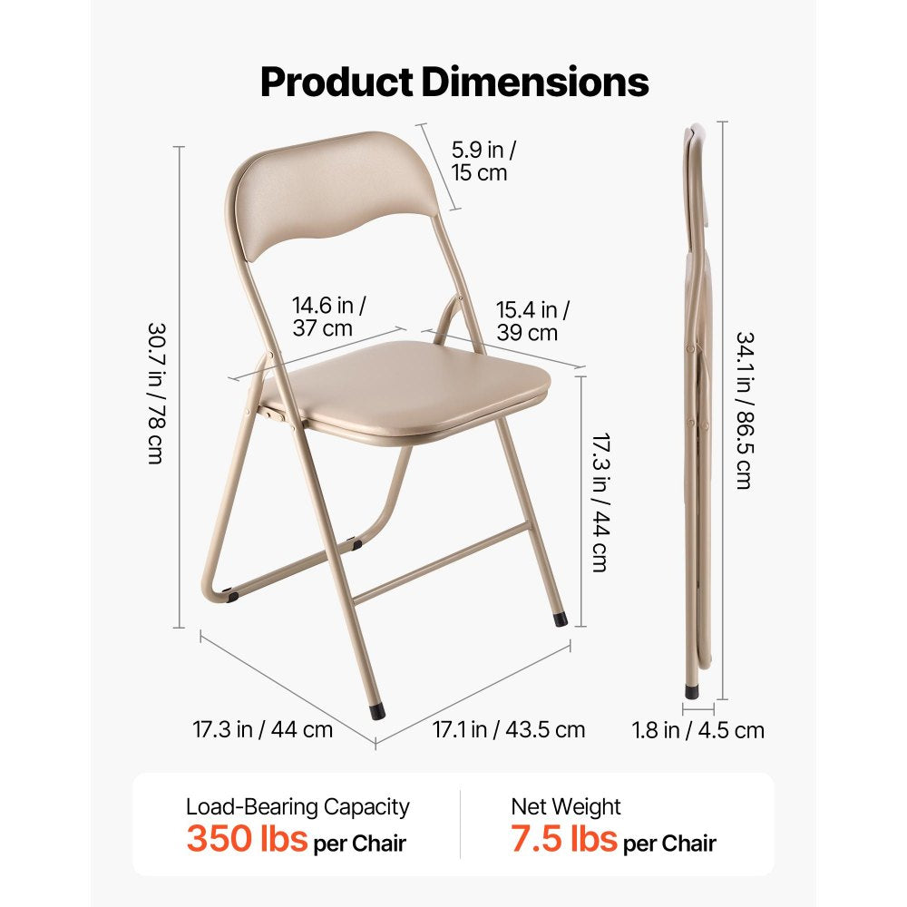VEVOR 4 Pack Folding Chairs Portable Leather Chairs with Padded Cushion Khaki