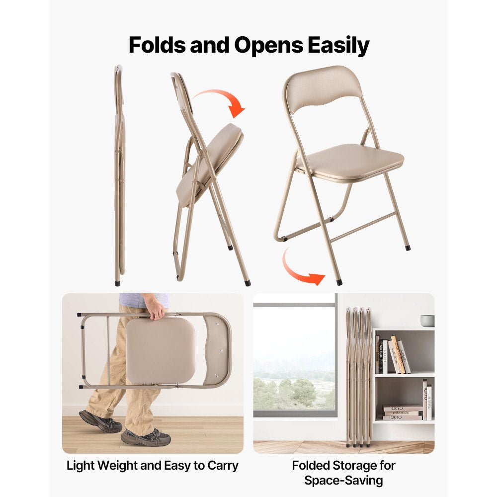 VEVOR 4 Pack Folding Chairs Portable Leather Chairs with Padded Cushion Khaki