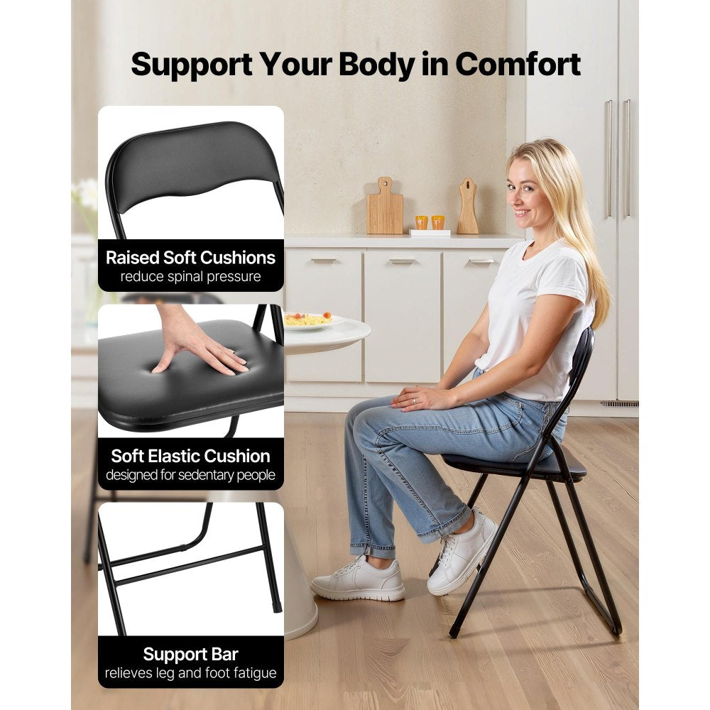 4 Pack Folding Chairs Portable Leather Chairs with Padded Cushion Black