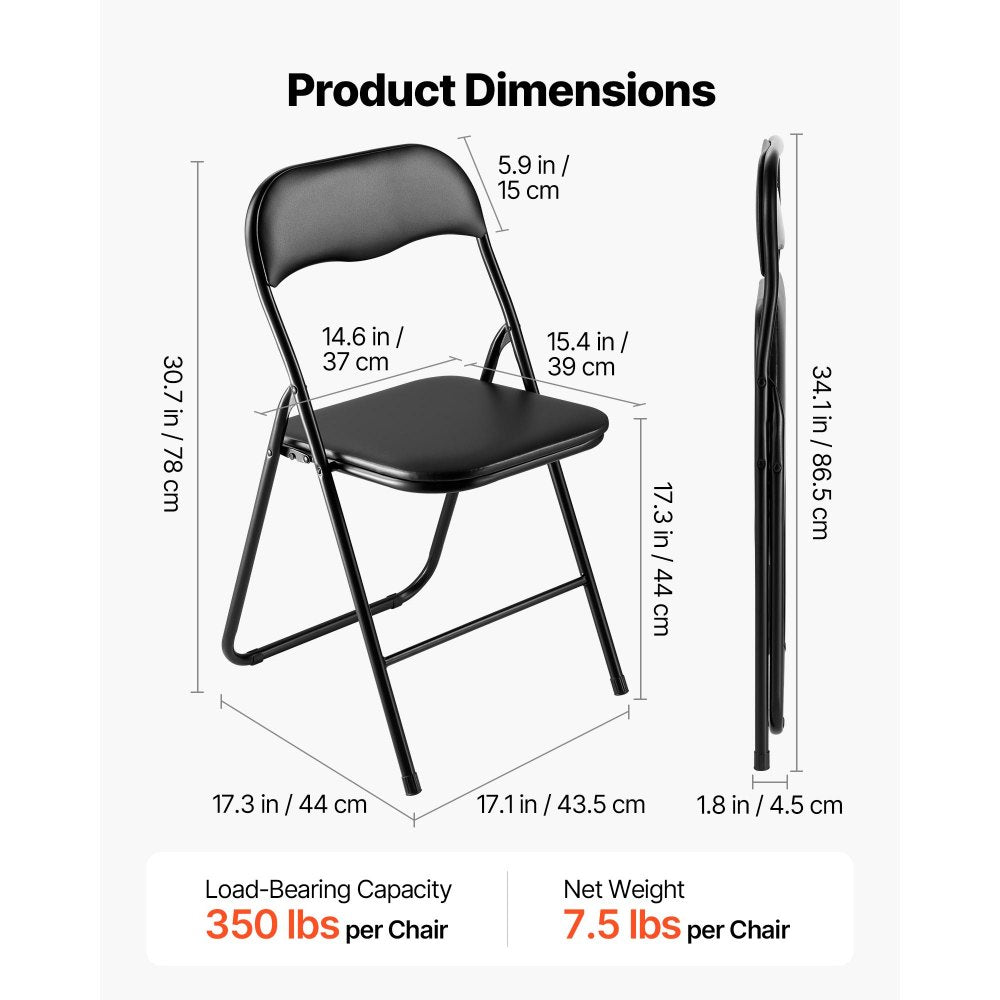VEVOR 6 Pack Folding Chairs Portable Leather Chairs with Padded Cushion Black