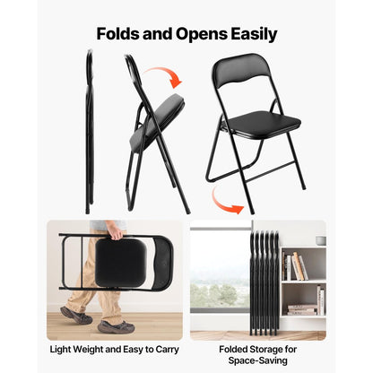 VEVOR 6 Pack Folding Chairs Portable Leather Chairs with Padded Cushion Black