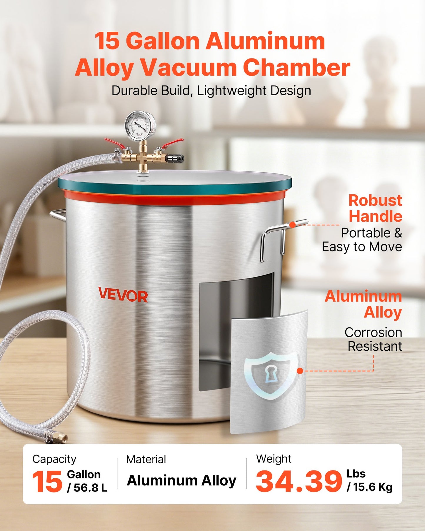 56.8 L Vacuum Chamber, Aluminum Alloy, Vacuum Degassing Chamber with Tempered Glass Lid, Hose, Air Filter, for Resin Casting, Stabilizing Wood, Degassing Silicone, Epoxies, Essential Oils
