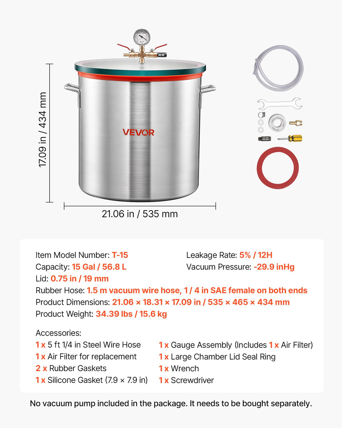 56.8 L Vacuum Chamber, Aluminum Alloy, Vacuum Degassing Chamber with Tempered Glass Lid, Hose, Air Filter, for Resin Casting, Stabilizing Wood, Degassing Silicone, Epoxies, Essential Oils