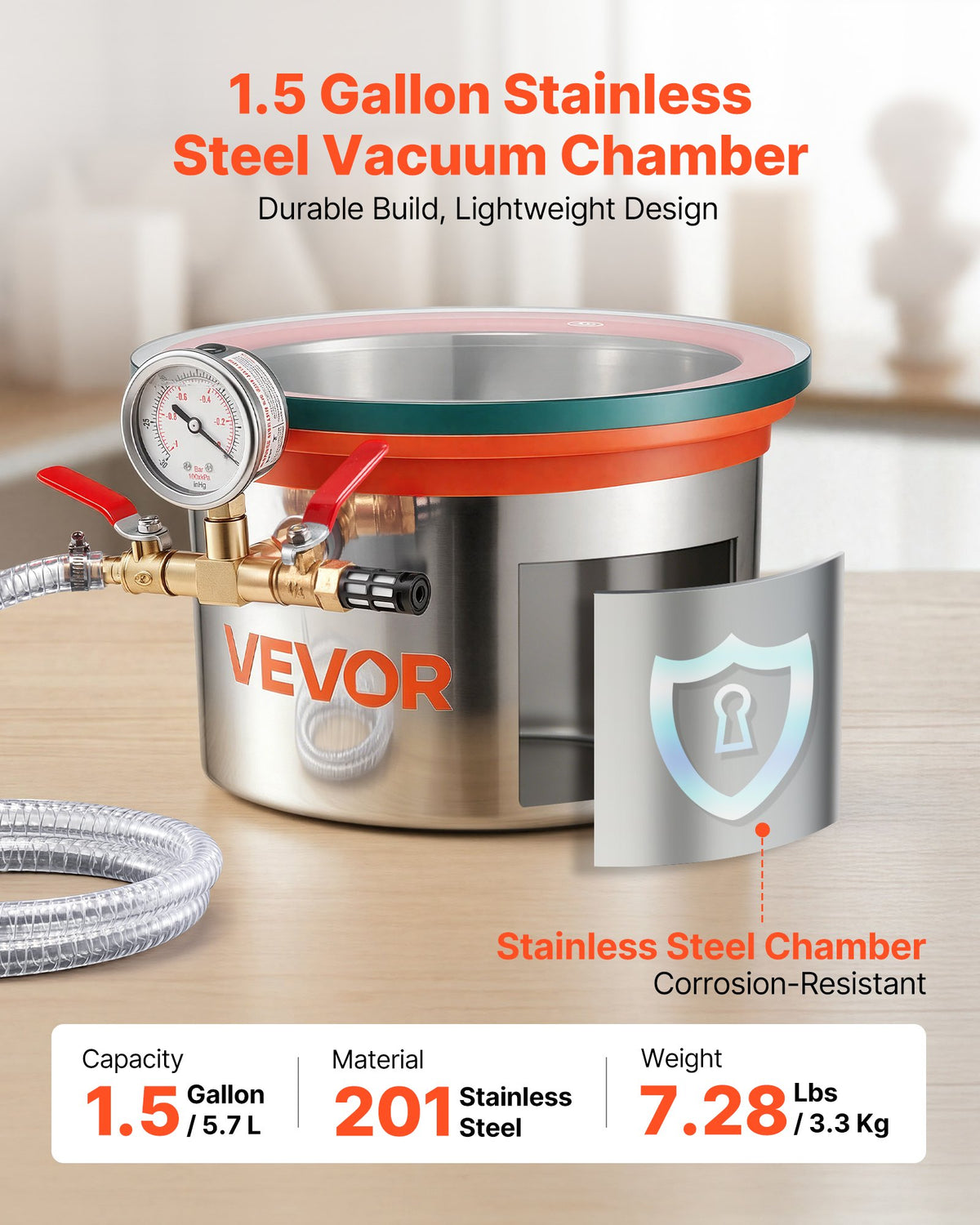 5.7 L Vacuum Chamber, Stainless Steel, Vacuum Degassing Chamber with Tempered Glass Lid, Hose, Air Filter, Ideal for Resin Casting, Stabilizing Wood, Degassing Silicone, Epoxies, Essential Oils