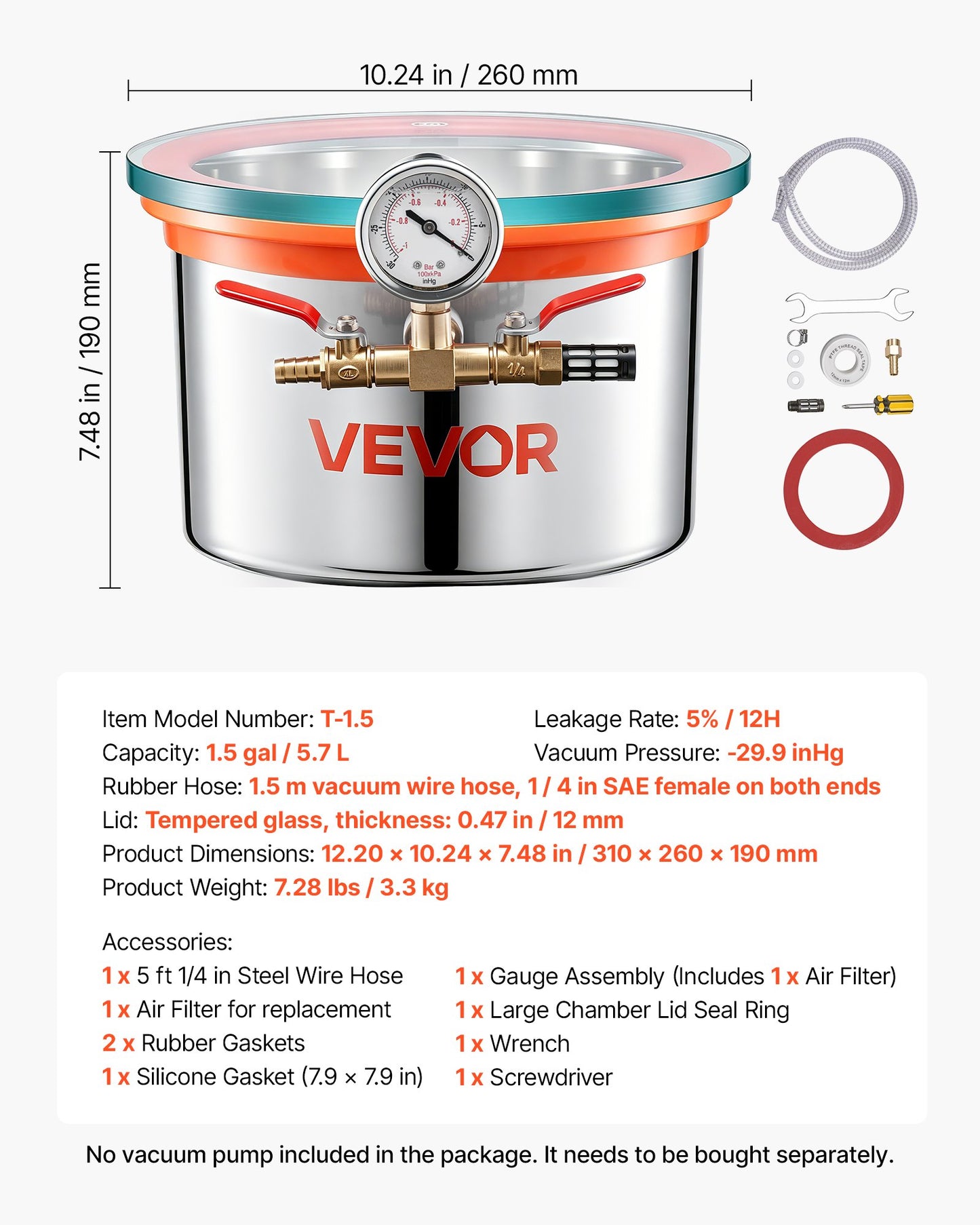 5.7 L Vacuum Chamber, Stainless Steel, Vacuum Degassing Chamber with Tempered Glass Lid, Hose, Air Filter, Ideal for Resin Casting, Stabilizing Wood, Degassing Silicone, Epoxies, Essential Oils