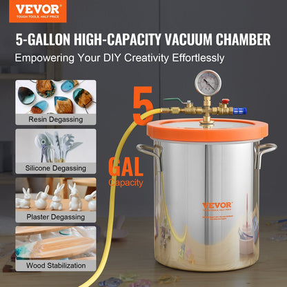 5 Gallon Vacuum Chamber with Tempered Glass Lid, 304 Stainless Steel, 0.28x0.3m