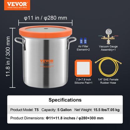 VEVOR 5 Gallon Vacuum Chamber, Upgraded Tempered Glass Lid Vacuum Degassing Chamber,
