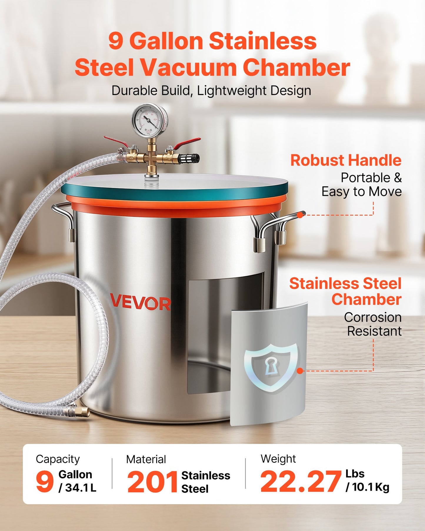 34.1 L Vacuum Chamber, Stainless Steel, Vacuum Degassing Chamber with Tempered Glass Lid, Hose, Air Filter, Ideal for Resin Casting, Stabilizing Wood, Degassing Silicone, Epoxies, Essential Oils