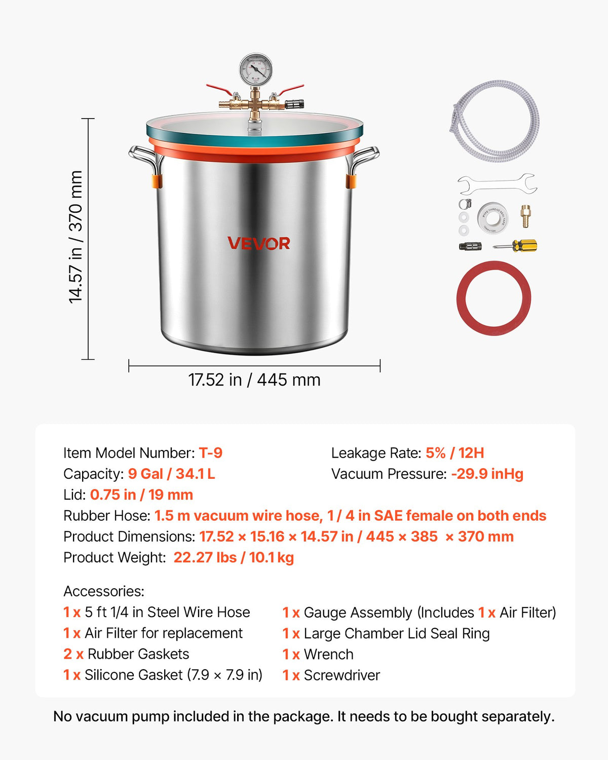 34.1 L Vacuum Chamber, Stainless Steel, Vacuum Degassing Chamber with Tempered Glass Lid, Hose, Air Filter, Ideal for Resin Casting, Stabilizing Wood, Degassing Silicone, Epoxies, Essential Oils