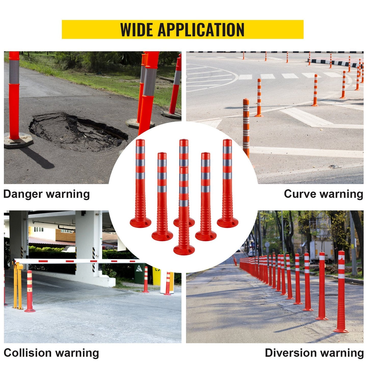 Flexible Traffic Delineator Posts with Reflective Bands, 75cm, Set of 6