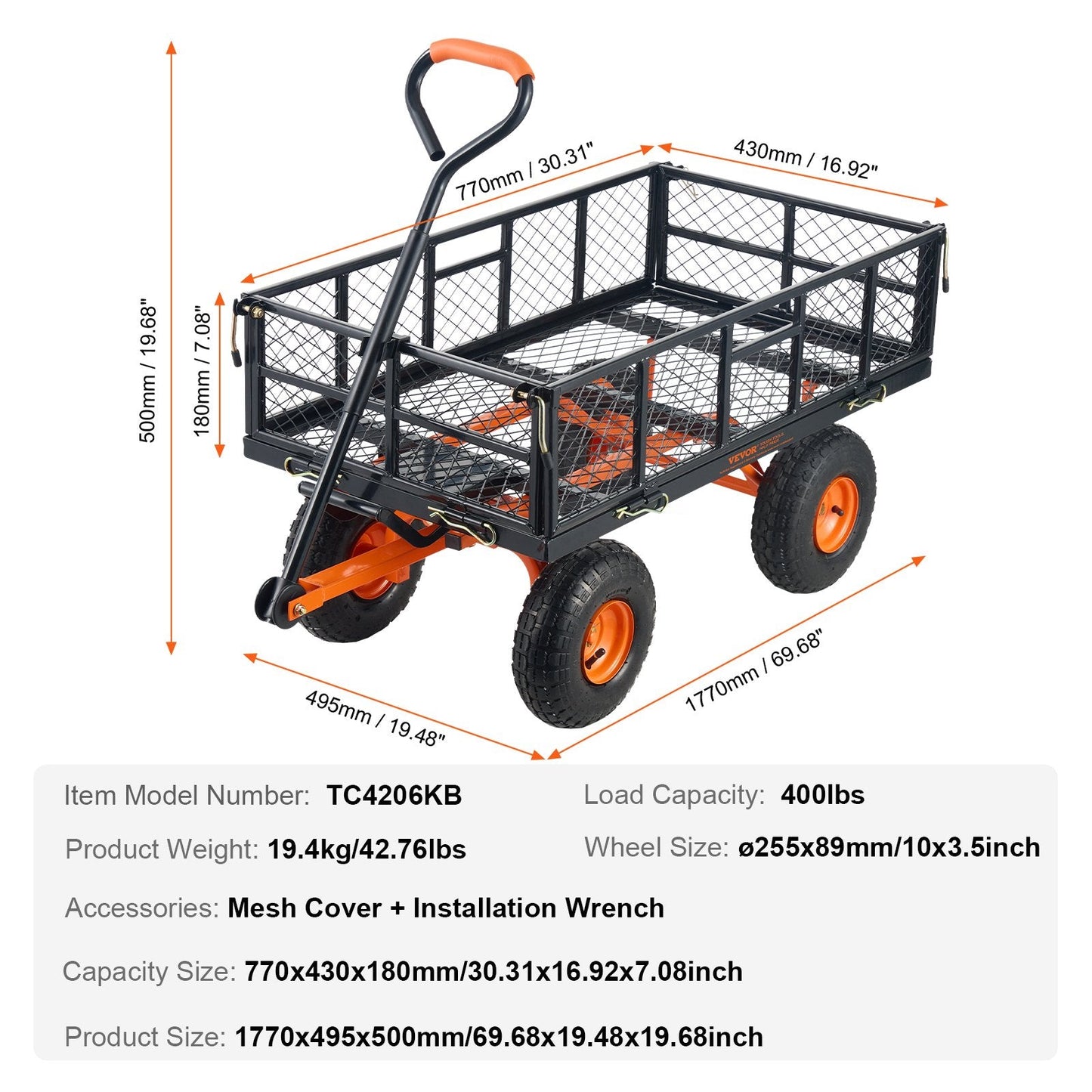Heavy-Duty Metal Garden Cart with 181kg Capacity and 0.25m Tires