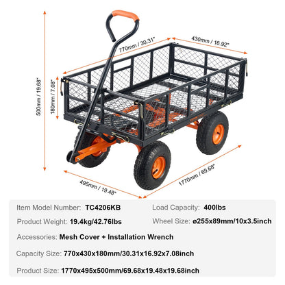 Heavy-Duty Metal Garden Cart with 181kg Capacity and 0.25m Tires