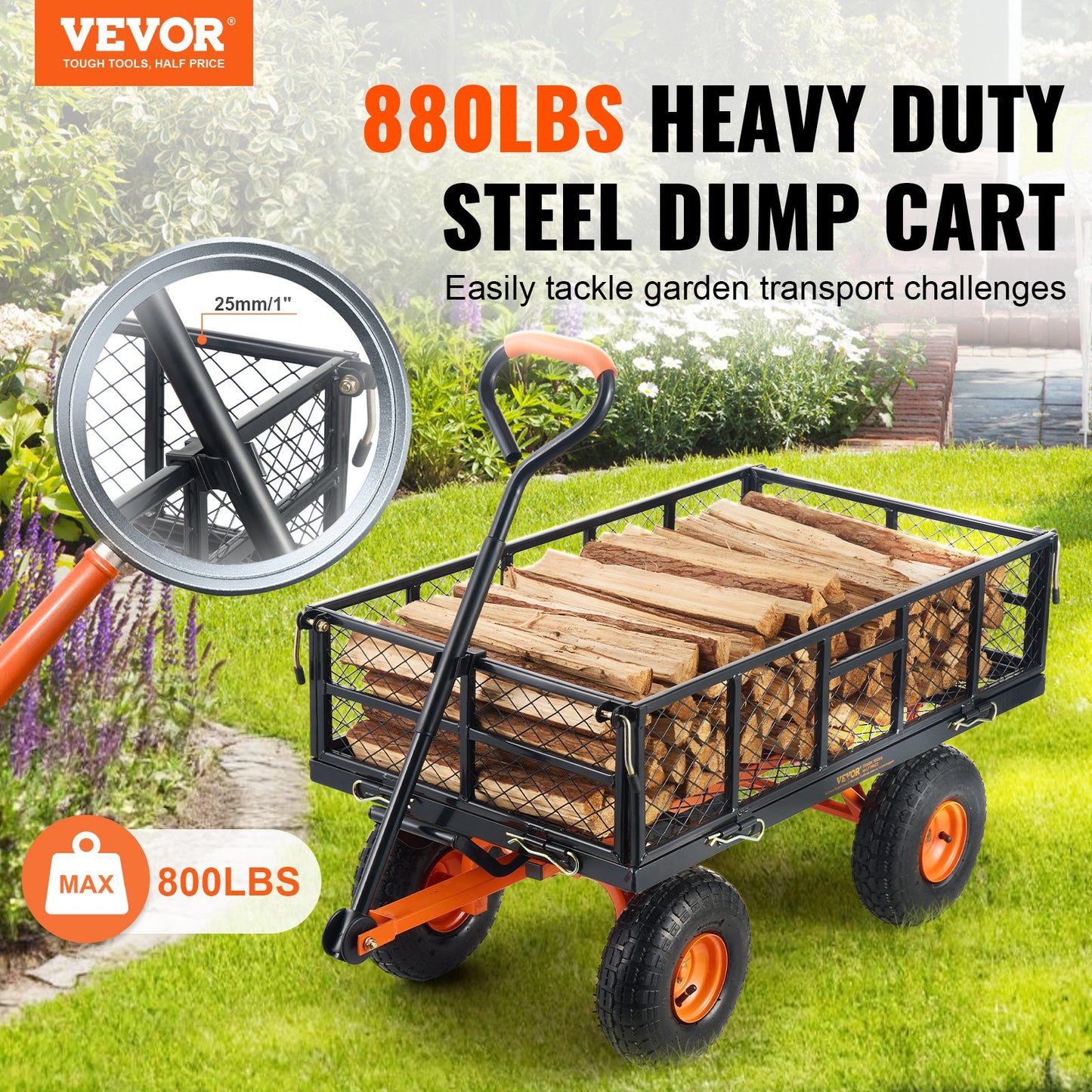VEVOR Dump Cart, Metal Garden Dump Cart with Easy to Assemble Frame, Dump Wagon