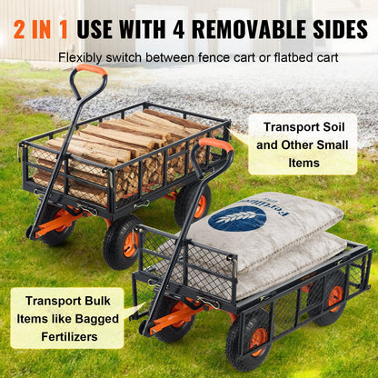 Heavy-Duty Metal Garden Cart with 399kg Capacity and Convertible Handle