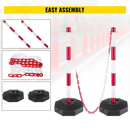 4-Pack Red & White Traffic Barrier Posts with 10m Plastic Chain for Crowd Control