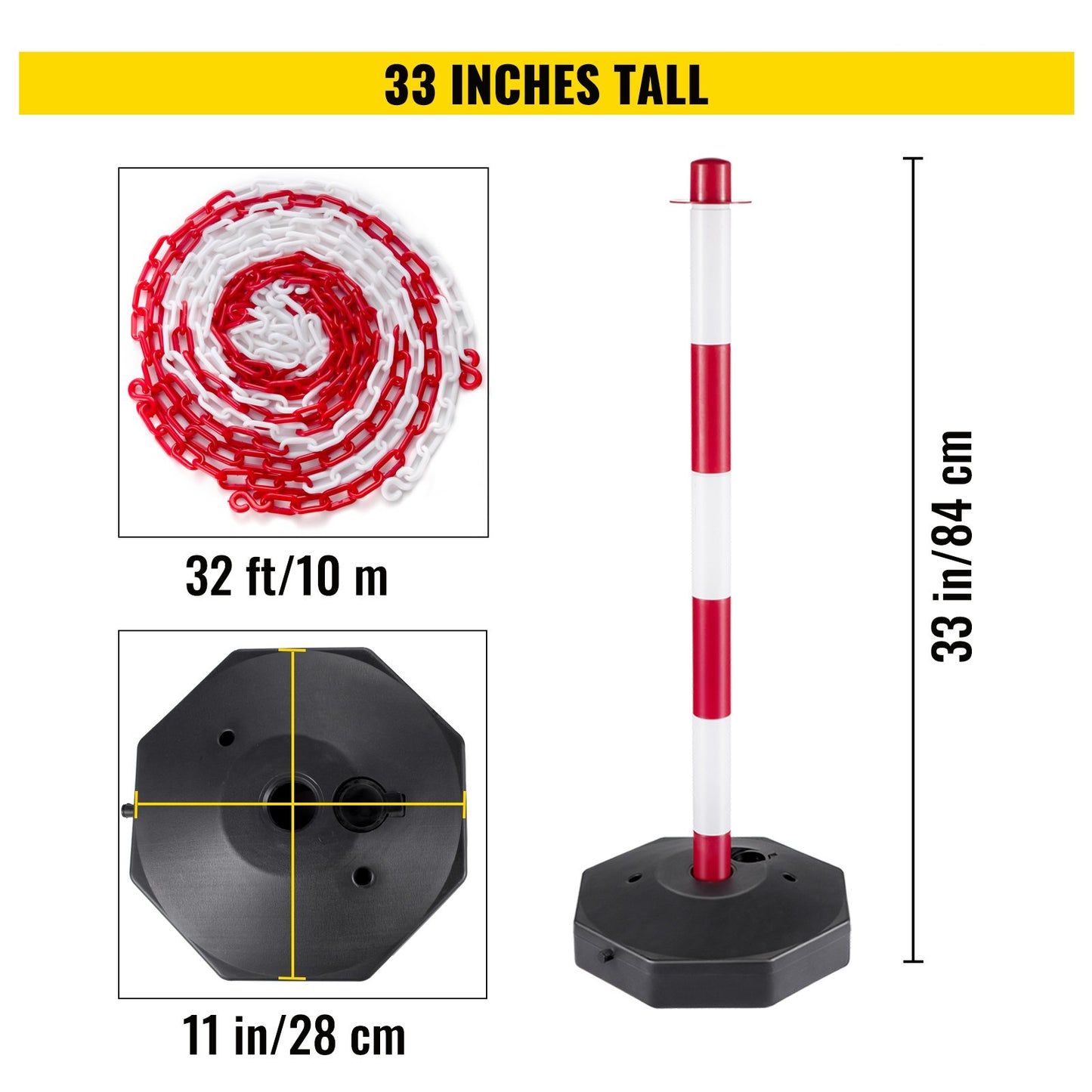 VEVOR 4x Traffic Barrier Post w/ Plastic Chain T Crowd Control Red and white