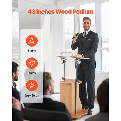 VEVOR Podium Stand 1100 mm Wooden Lectern with Wheels Storage Height Adjustable