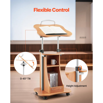 VEVOR Podium Stand 1100 mm Wooden Lectern with Wheels Storage Height Adjustable