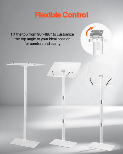 Podium Stand, 1100 mm Acrylic Lectern, Portable Laptop Desk with Wide Reading Surface, Book Clips, Adjustable Angle, Floor-Standing, for Classroom, Wedding, Conference, Lecture and Concert