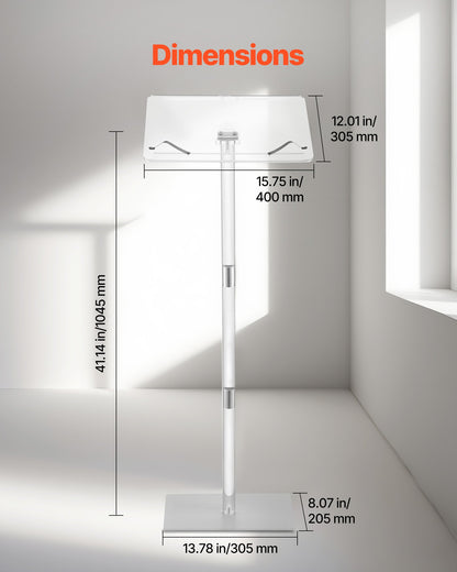Podium Stand, 1100 mm Acrylic Lectern, Portable Laptop Desk with Wide Reading Surface, Book Clips, Adjustable Angle, Floor-Standing, for Classroom, Wedding, Conference, Lecture and Concert