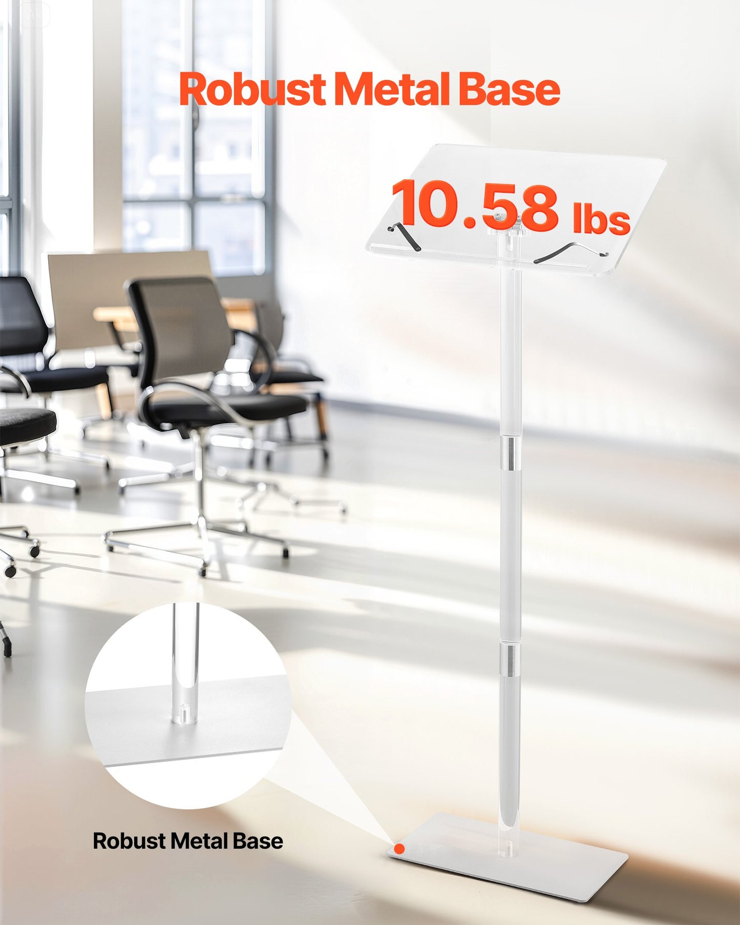 Podium Stand, 1100 mm Acrylic Lectern, Portable Laptop Desk with Wide Reading Surface, Book Clips, Adjustable Angle, Floor-Standing, for Classroom, Wedding, Conference, Lecture and Concert