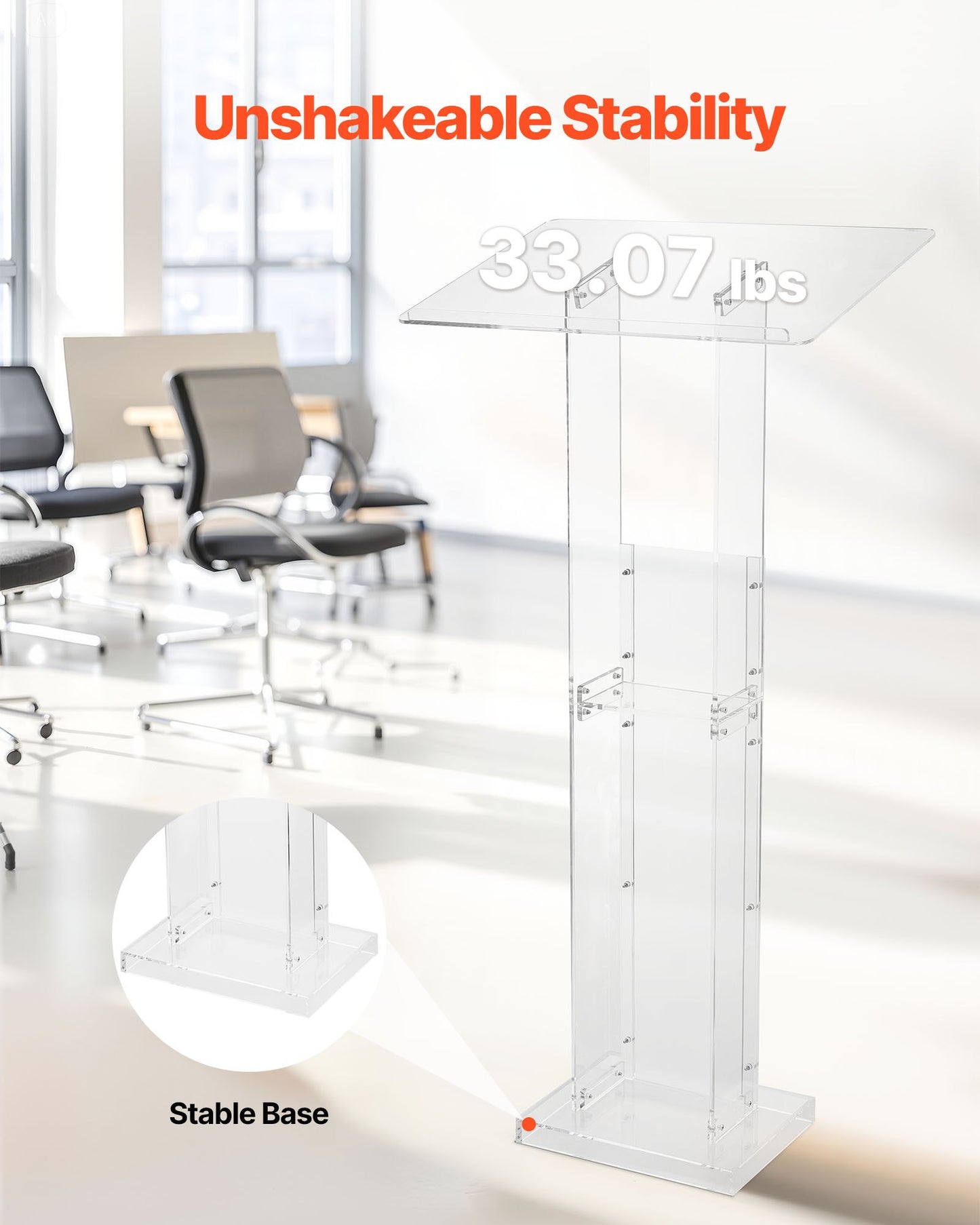 Podium Stand, 1265 mm Acrylic Lectern, Portable Laptop Desk with Wide Reading Surface and Storage Shelf, Book Stopper, Floor-Standing, for Classroom, Wedding, Conference, Lecture and Concert