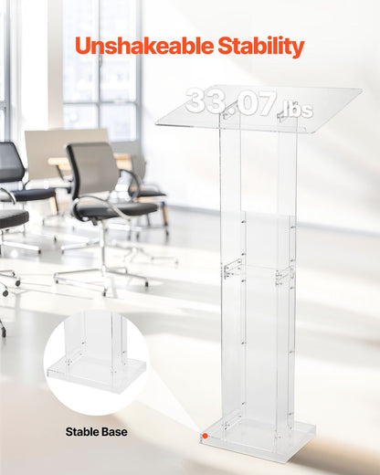 Podium Stand, 1265 mm Acrylic Lectern, Portable Laptop Desk with Wide Reading Surface and Storage Shelf, Book Stopper, Floor-Standing, for Classroom, Wedding, Conference, Lecture and Concert