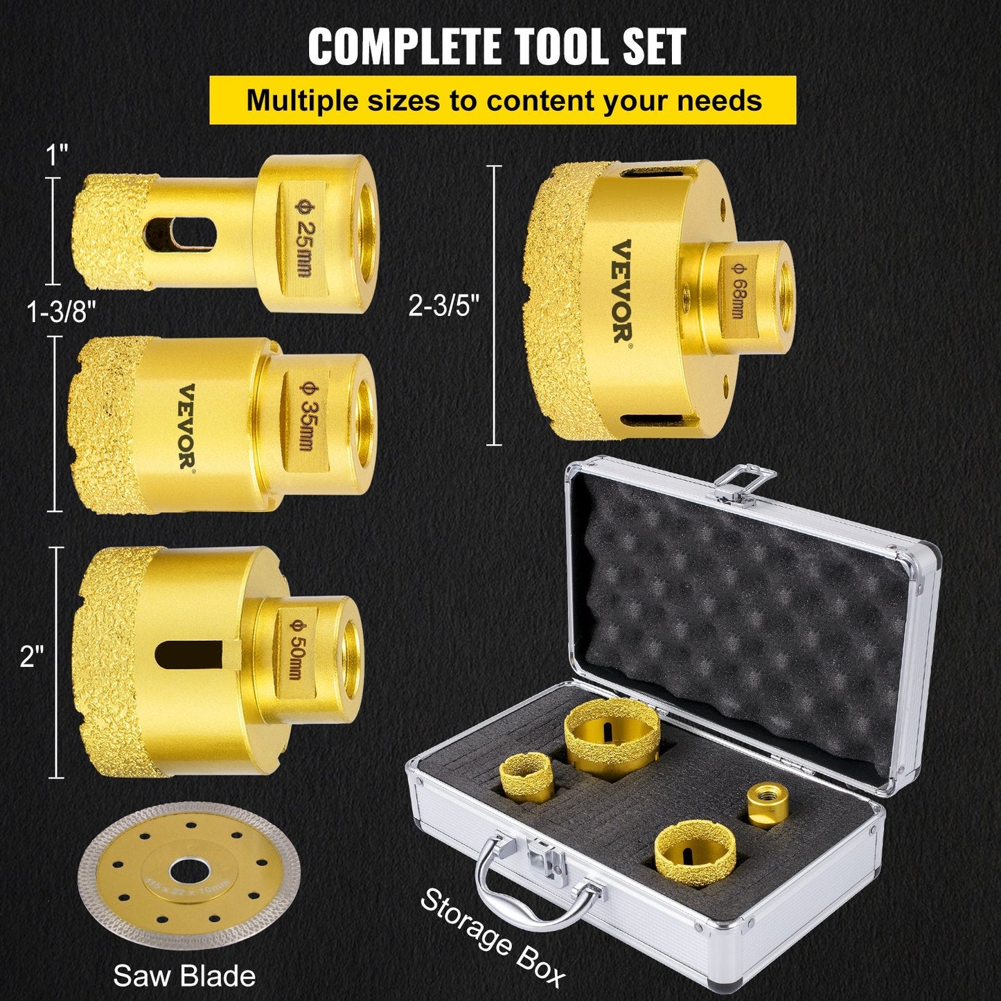 Diamond Hole Saw Kit - 4PCS, 0.025/0.035/0.05/0.068m for Tile & Stone