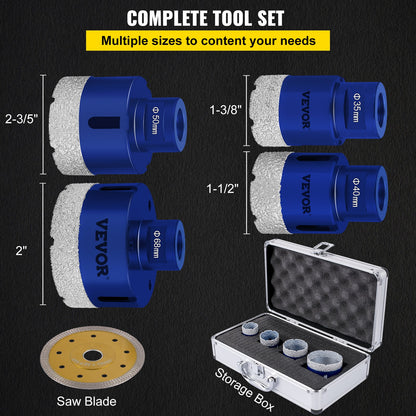 VEVOR Diamond Drill Bits 4PCS Diamond Hole Saw 35/40/50/68mm Tile Hole Saw Kit Vacuum