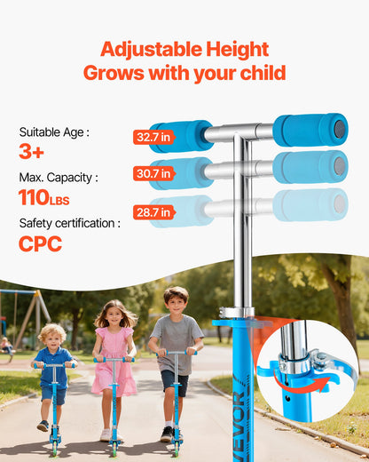 Kick Scooter for Kids Ages 3+, 2-Wheel Toddler Scooter with Light-Up Wheels, Adjustable Height Handlebar, Wide Anti-Slip Deck, Foldable Lightweight Frame for Boys and Girls up to 49.9 kg, Blue