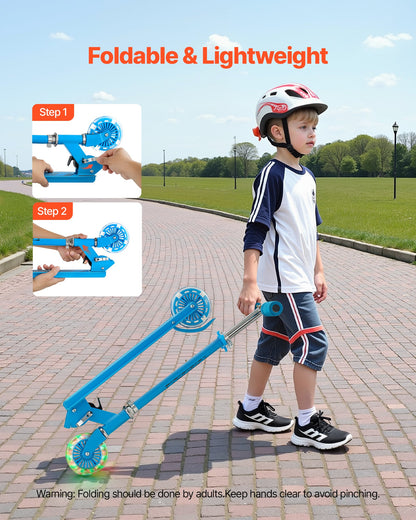 Kick Scooter for Kids Ages 3+, 2-Wheel Toddler Scooter with Light-Up Wheels, Adjustable Height Handlebar, Wide Anti-Slip Deck, Foldable Lightweight Frame for Boys and Girls up to 49.9 kg, Blue