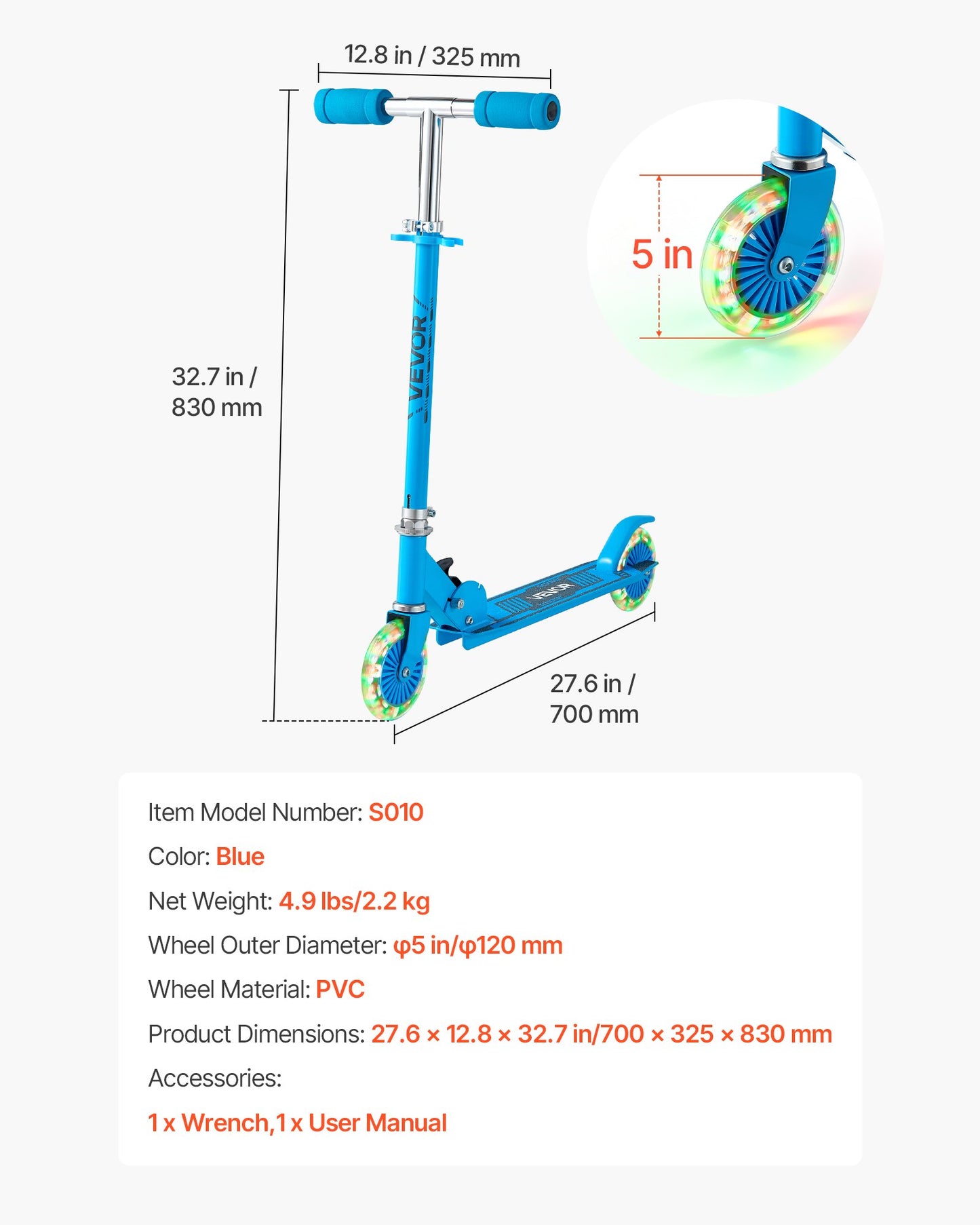 Kick Scooter for Kids Ages 3+, 2-Wheel Toddler Scooter with Light-Up Wheels, Adjustable Height Handlebar, Wide Anti-Slip Deck, Foldable Lightweight Frame for Boys and Girls up to 49.9 kg, Blue