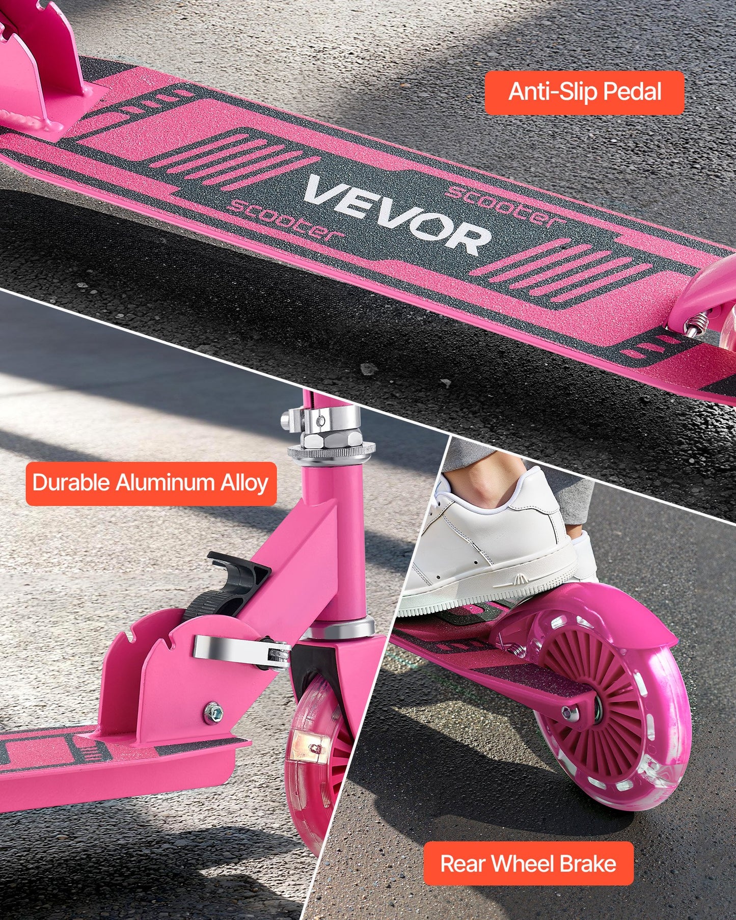 Kick Scooter for Kids Ages 3+, 2-Wheel Toddler Scooter with Light-Up Wheels, Adjustable Height Handlebar, Wide Anti-Slip Deck, Foldable Lightweight Frame for Boys and Girls up to 49.9 kg, Pink