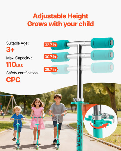 Kick Scooter for Kids Ages 3+, 2-Wheel Toddler Scooter with Light-Up Wheels, Adjustable Height Handlebar, Wide Anti-Slip Deck, Foldable Lightweight Frame for Boys and Girls up to 49.9 kg, Green