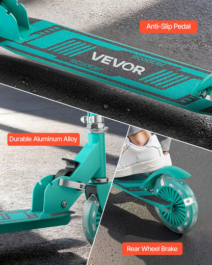 Kick Scooter for Kids Ages 3+, 2-Wheel Toddler Scooter with Light-Up Wheels, Adjustable Height Handlebar, Wide Anti-Slip Deck, Foldable Lightweight Frame for Boys and Girls up to 49.9 kg, Green