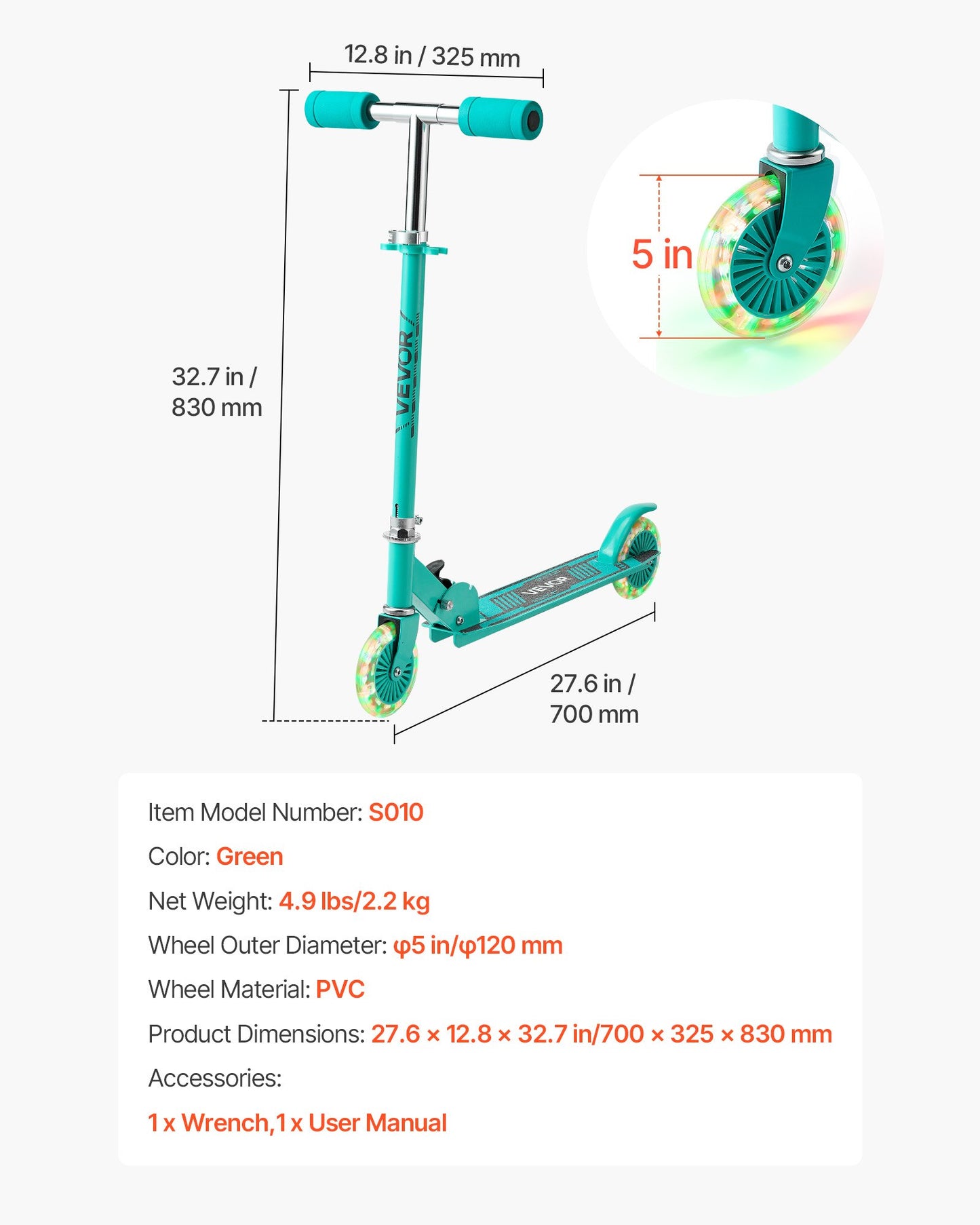 Kick Scooter for Kids Ages 3+, 2-Wheel Toddler Scooter with Light-Up Wheels, Adjustable Height Handlebar, Wide Anti-Slip Deck, Foldable Lightweight Frame for Boys and Girls up to 49.9 kg, Green