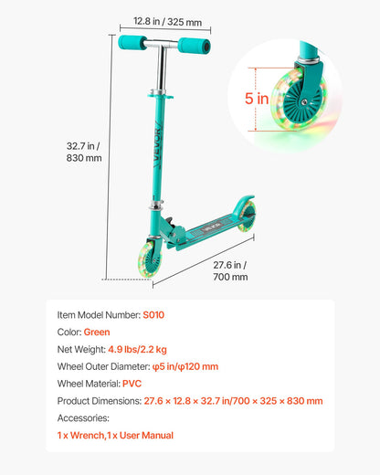 Kick Scooter for Kids Ages 3+, 2-Wheel Toddler Scooter with Light-Up Wheels, Adjustable Height Handlebar, Wide Anti-Slip Deck, Foldable Lightweight Frame for Boys and Girls up to 49.9 kg, Green