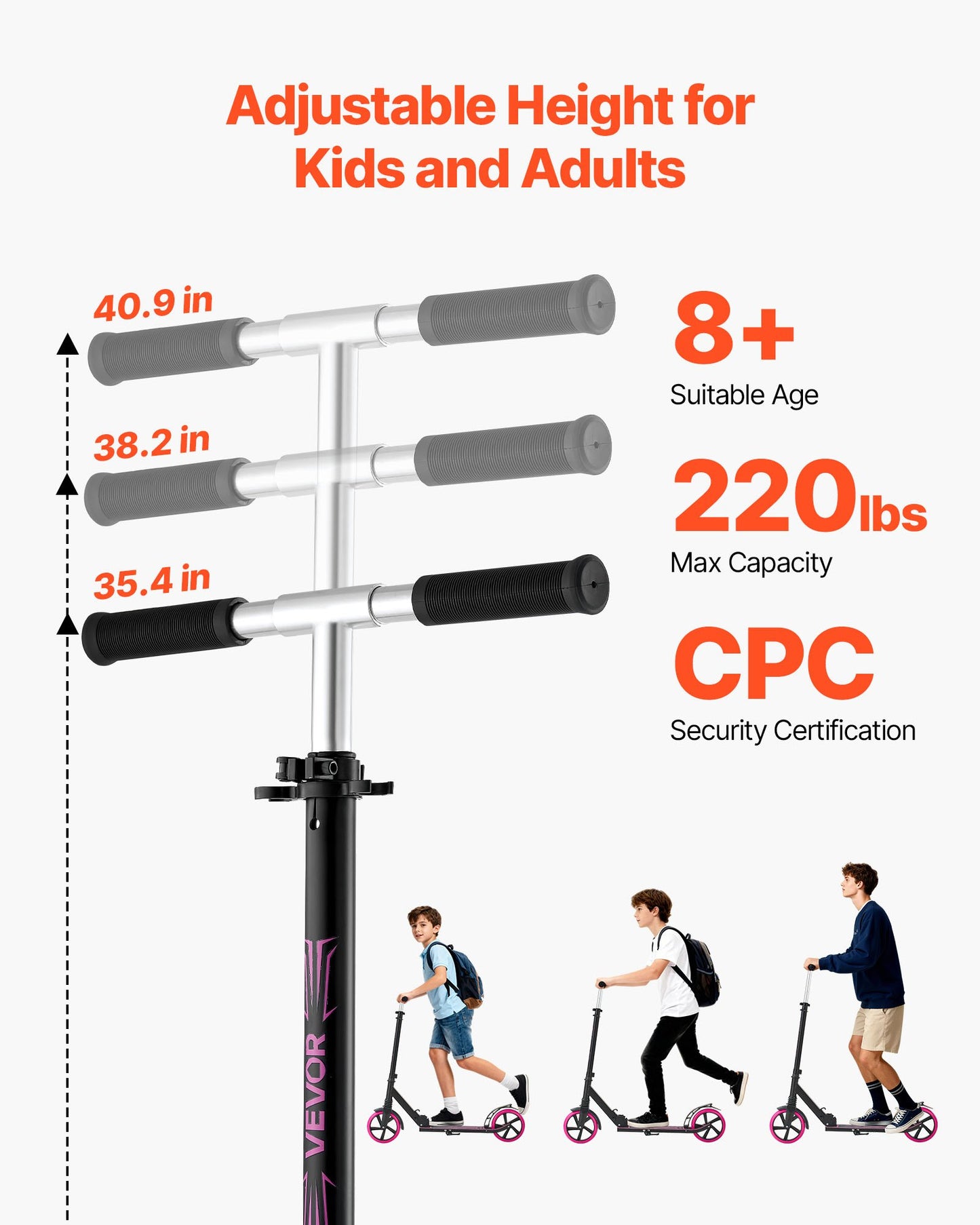 Kick Scooter for Kids Ages 8+, Teens & Adults, 2-Wheel Toddler Scooter with Adjustable Height Handlebar, Wide Anti-Slip Deck, Foldable Lightweight Frame for Boys and Girls up to 99.8 kg, Pink