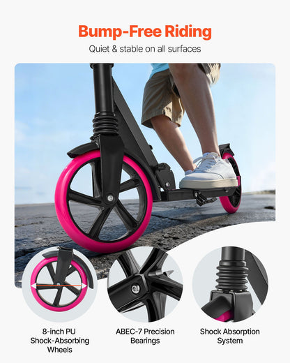 Kick Scooter for Kids Ages 8+, Teens & Adults, 2-Wheel Toddler Scooter with Adjustable Height Handlebar, Wide Anti-Slip Deck, Foldable Lightweight Frame for Boys and Girls up to 99.8 kg, Pink
