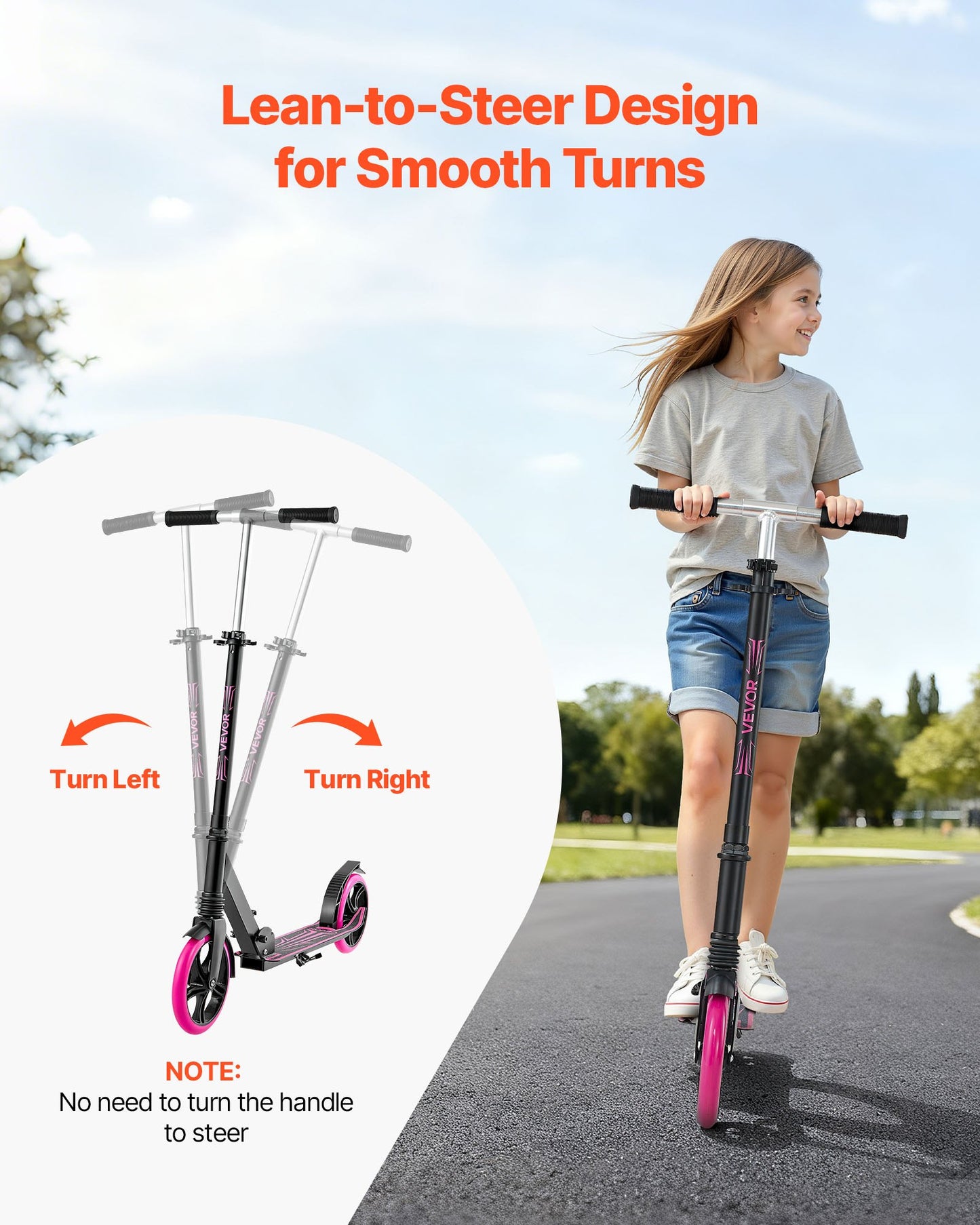 Kick Scooter for Kids Ages 8+, Teens & Adults, 2-Wheel Toddler Scooter with Adjustable Height Handlebar, Wide Anti-Slip Deck, Foldable Lightweight Frame for Boys and Girls up to 99.8 kg, Pink